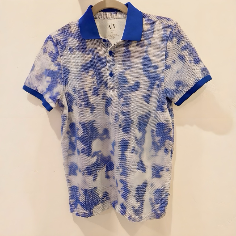 Armani Exchange Blue and White Artistic Polo Shirt